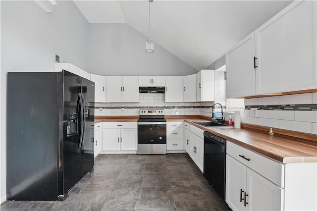 2016 NE Summerfield Ct, Blue Springs, MO 64029 - kitchen featuring black appliances, under cabinet range hood, backsplash, white cabinetry, and high vaulted ceiling