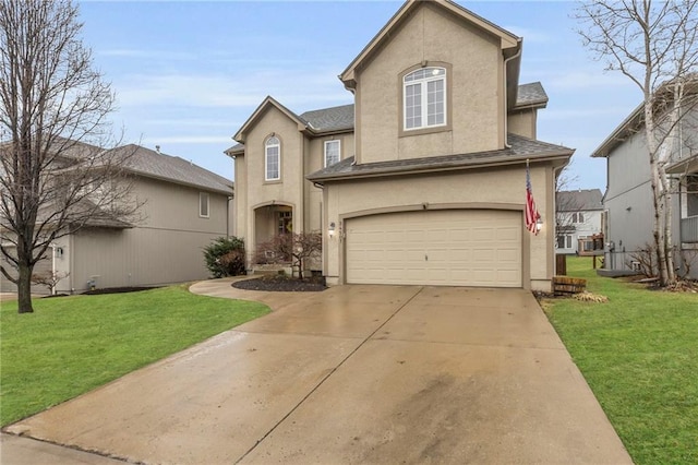 traditional-style home with driveway, a front lawn, and stucco siding