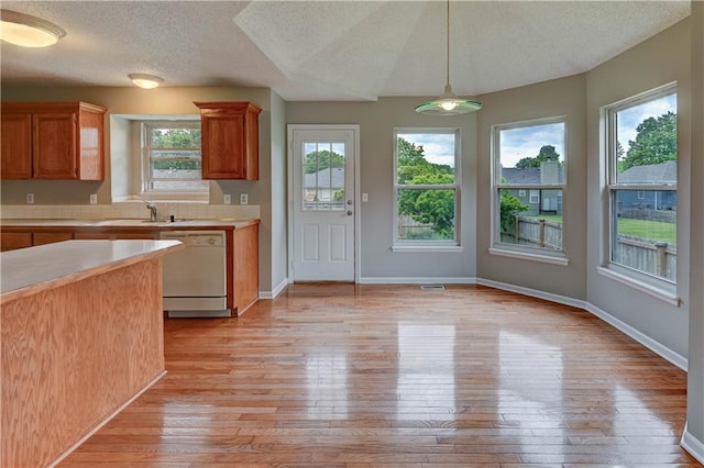 828 SW Harvest Dr, Grain Valley, MO 64029 - kitchen featuring white dishwasher, light countertops, light wood finished floors, a textured ceiling, and healthy amount of natural light