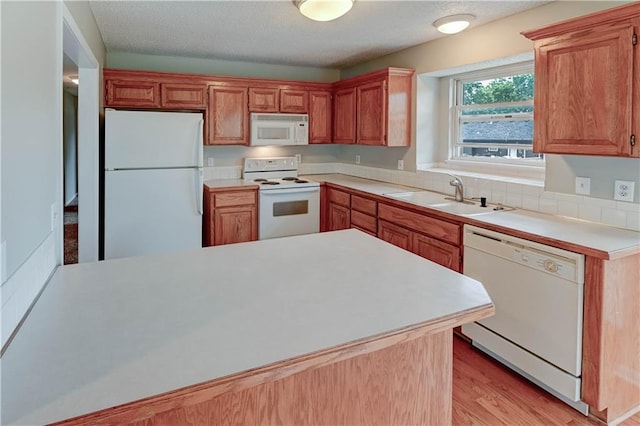 828 SW Harvest Dr, Grain Valley, MO 64029 - kitchen with white appliances, a sink, light countertops, light wood-style floors, and brown cabinetry