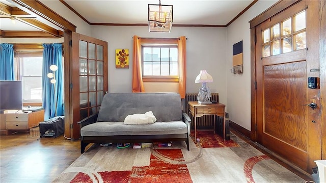 living area featuring crown molding and hardwood / wood-style floors