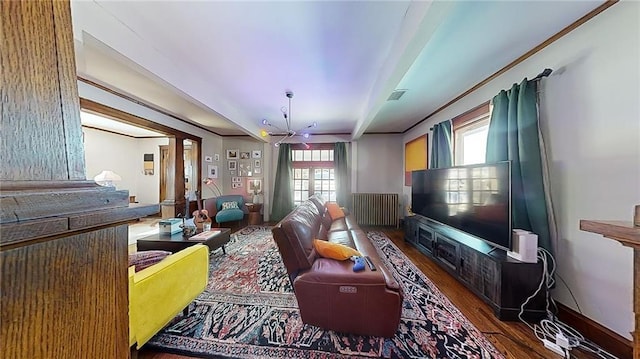 living room with radiator heating unit and dark hardwood / wood-style floors