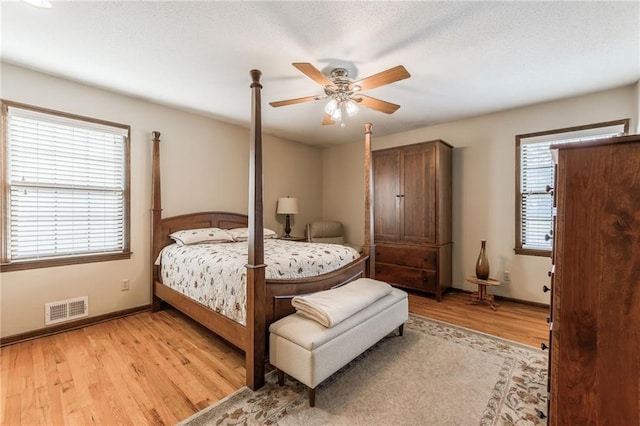 bedroom featuring ceiling fan and light wood-type flooring