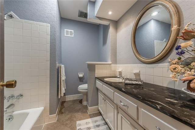 full bathroom with shower / bathtub combination, tasteful backsplash, vanity, toilet, and tile patterned floors