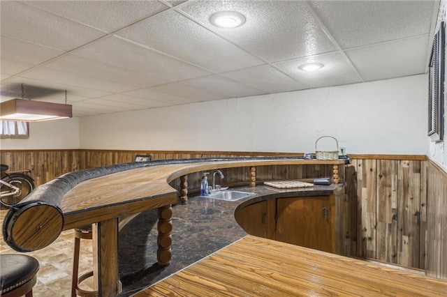 game room with wooden walls, sink, and a drop ceiling