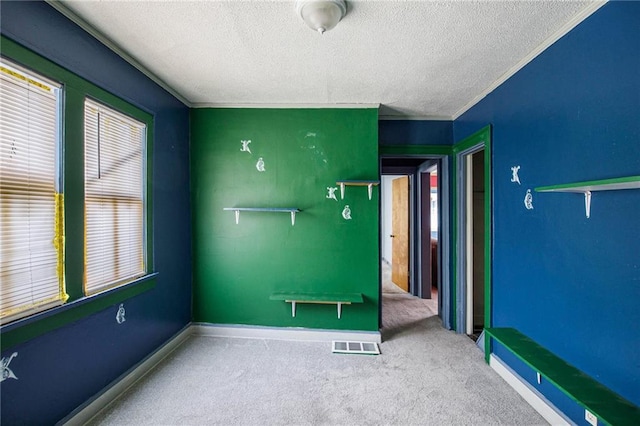 interior space with carpet floors and a textured ceiling