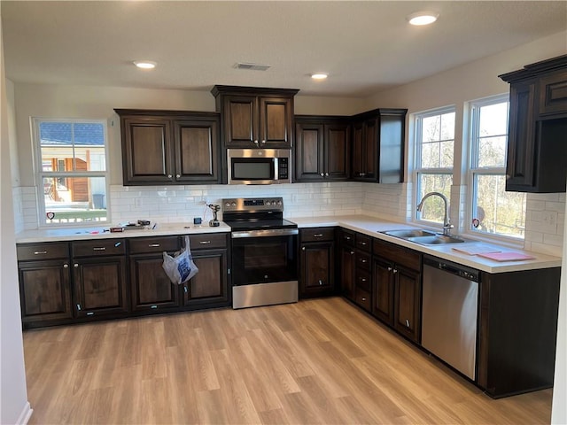 kitchen with appliances with stainless steel finishes, sink, dark brown cabinetry, light hardwood / wood-style flooring, and backsplash