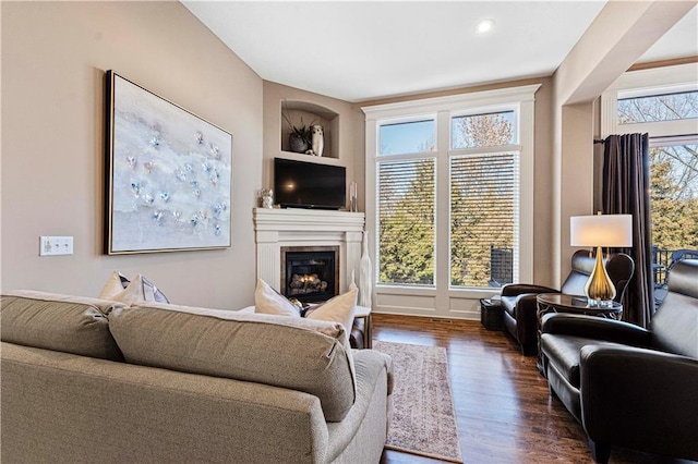 living room with dark hardwood / wood-style flooring