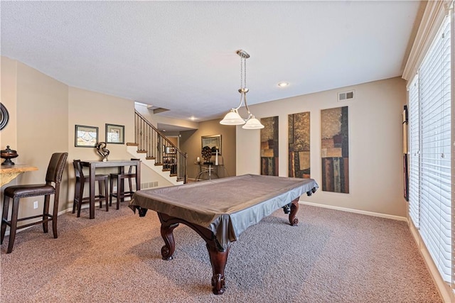 rec room featuring billiards and carpet