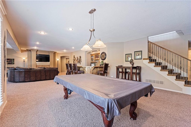 recreation room with indoor bar, carpet flooring, and billiards