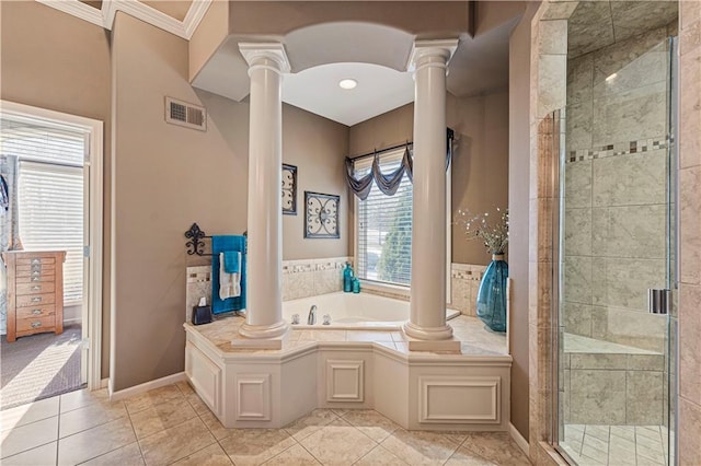 bathroom with plus walk in shower and ornate columns