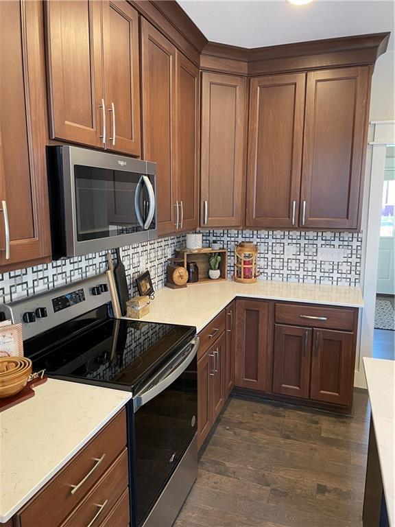 kitchen featuring backsplash, stainless steel appliances, and dark wood finished floors