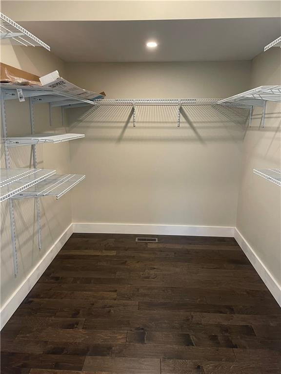 spacious closet with dark wood-style floors and visible vents