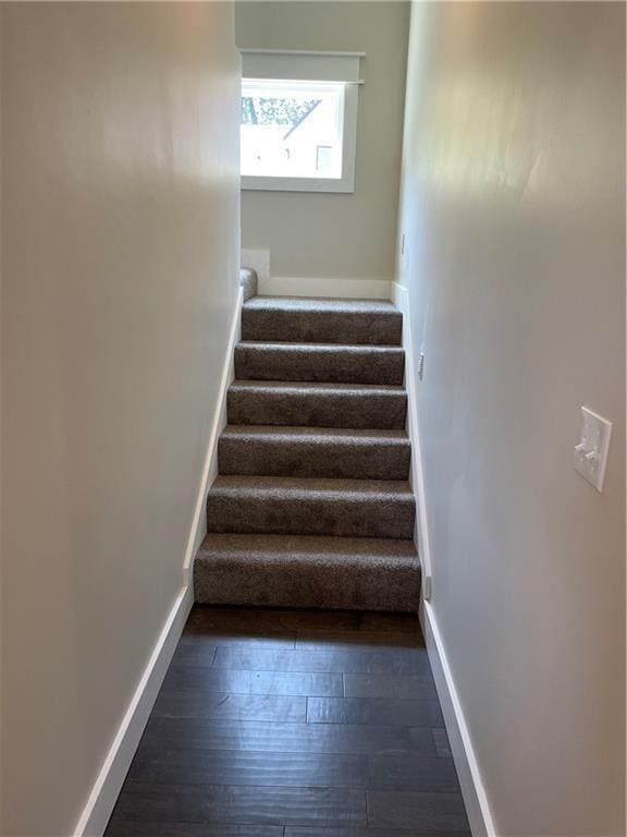 staircase featuring baseboards and hardwood / wood-style flooring