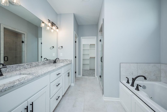 bathroom with a spacious closet, double vanity, a stall shower, and a sink