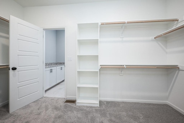 spacious closet featuring light colored carpet and visible vents