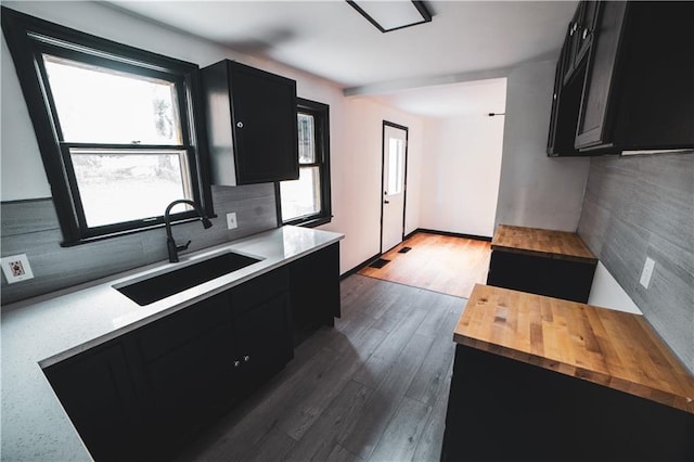 kitchen with butcher block countertops, sink, decorative backsplash, and dark wood-type flooring