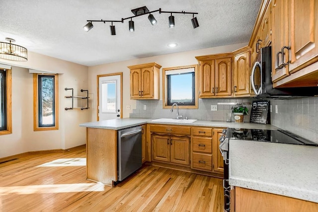 kitchen featuring kitchen peninsula, light hardwood / wood-style flooring, sink, tasteful backsplash, and stainless steel appliances