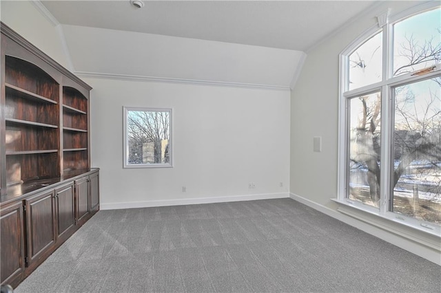 unfurnished living room featuring lofted ceiling, crown molding, and carpet floors