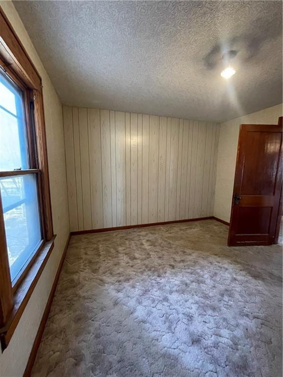 unfurnished room featuring baseboards, carpet, wood walls, and a textured ceiling