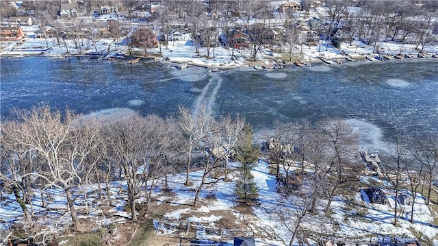 snowy aerial view with a water view