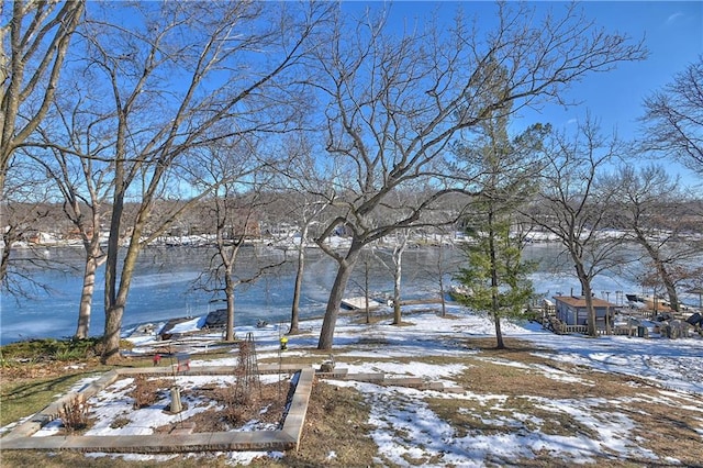 snowy yard with a water view