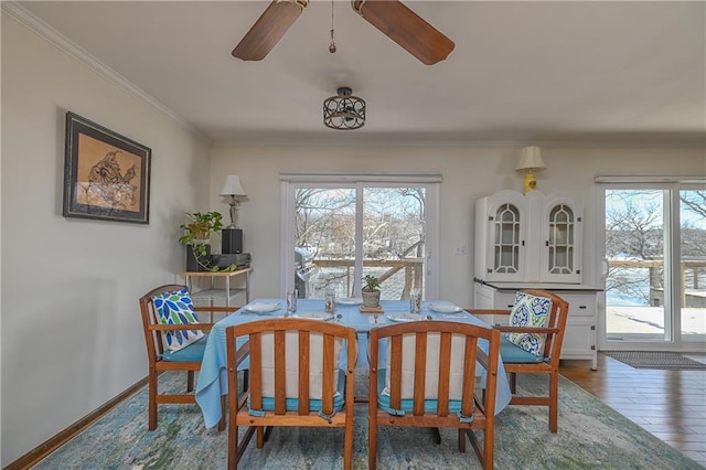dining room with ornamental molding, a wealth of natural light, a ceiling fan, and wood finished floors
