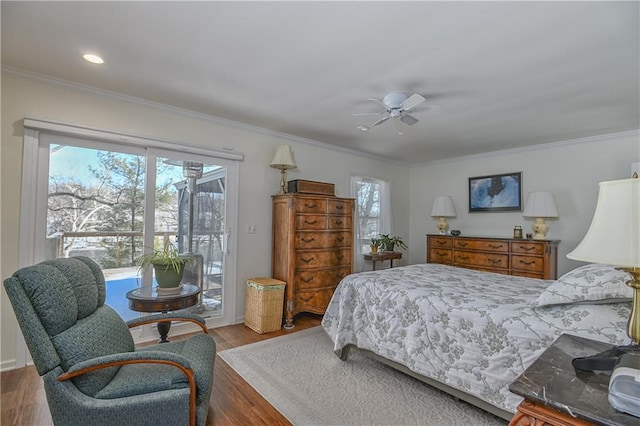 bedroom featuring access to exterior, recessed lighting, wood finished floors, ceiling fan, and ornamental molding