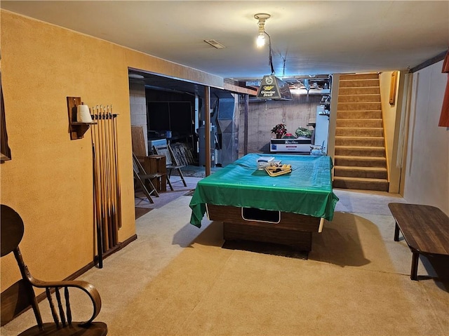 playroom with carpet floors and billiards