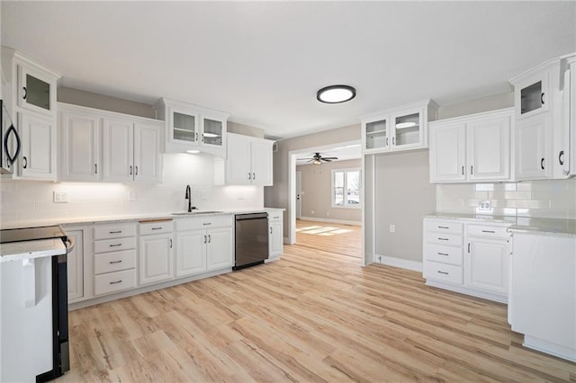 kitchen with sink, dishwasher, white cabinetry, range with electric cooktop, and decorative backsplash