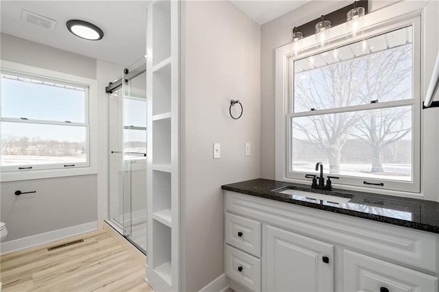 bathroom featuring vanity and hardwood / wood-style floors