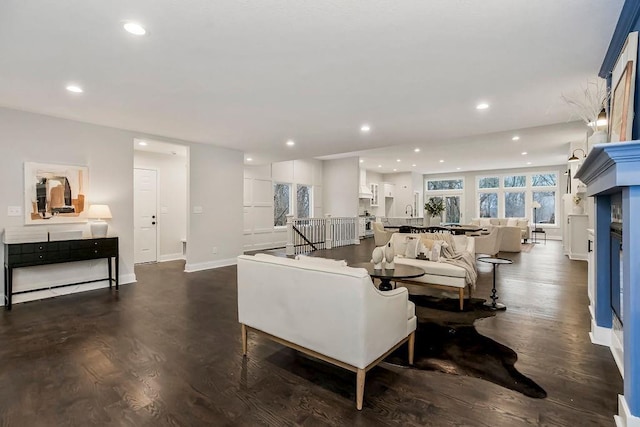 living room with dark wood-type flooring