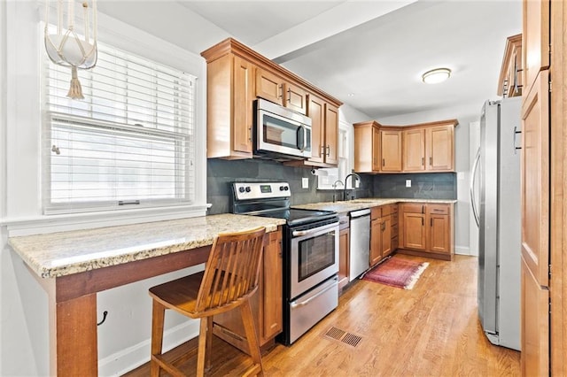 kitchen featuring light wood finished floors, backsplash, light stone counters, stainless steel appliances, and a sink