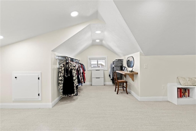 additional living space featuring recessed lighting, baseboards, carpet, and vaulted ceiling