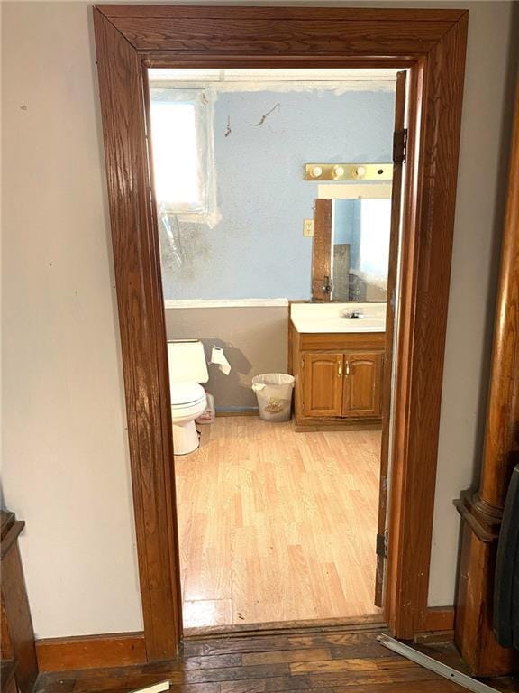 bathroom featuring vanity, hardwood / wood-style floors, and toilet