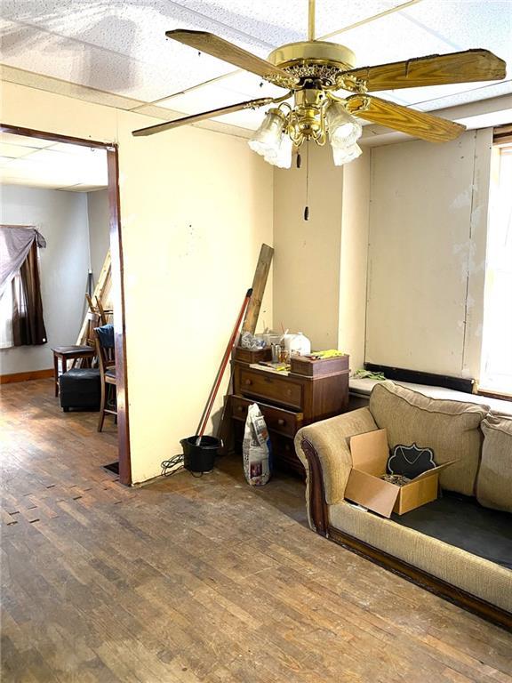 living room featuring ceiling fan and dark hardwood / wood-style flooring