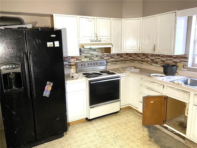 kitchen with white cabinetry, decorative backsplash, black refrigerator with ice dispenser, and electric range oven