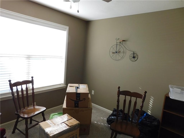 sitting room featuring ceiling fan and carpet floors