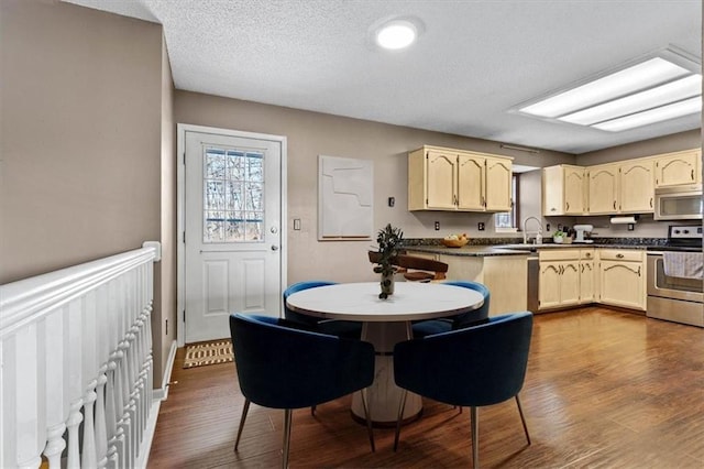 kitchen with stainless steel appliances, dark hardwood / wood-style floors, sink, and a textured ceiling