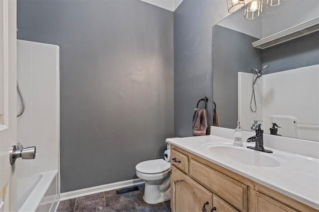 full bathroom with washtub / shower combination, vanity, and toilet