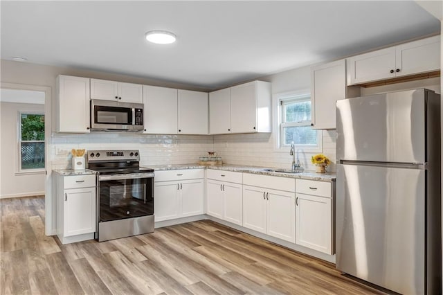 kitchen with light wood-style floors, white cabinetry, tasteful backsplash, a sink, and stainless steel appliances