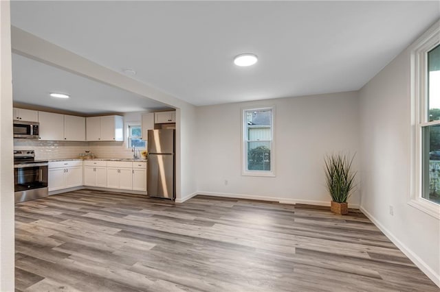 kitchen with stainless steel appliances, a wealth of natural light, and wood finished floors