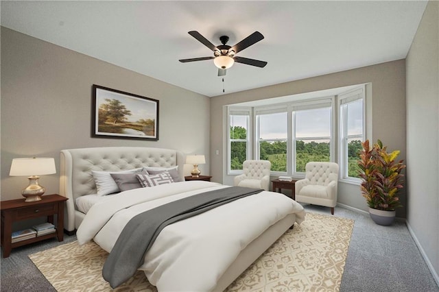 bedroom with baseboards, ceiling fan, and light colored carpet