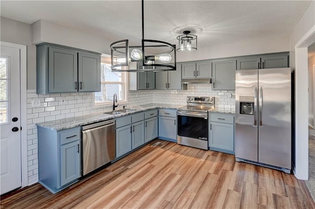 kitchen featuring sink, appliances with stainless steel finishes, backsplash, light hardwood / wood-style floors, and decorative light fixtures