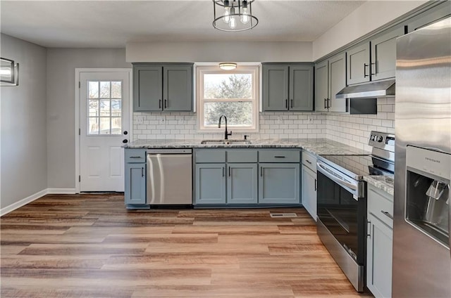 kitchen featuring light stone counters, appliances with stainless steel finishes, sink, and backsplash