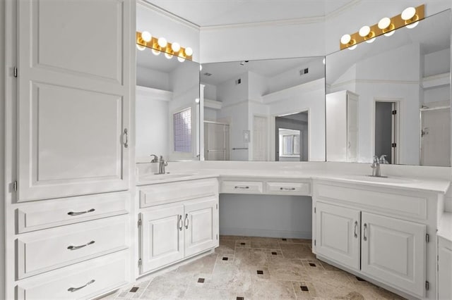 bathroom featuring walk in shower and vanity