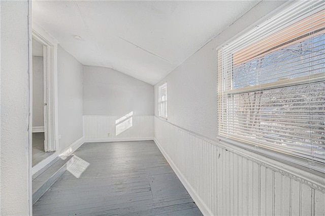 hallway featuring hardwood / wood-style flooring and vaulted ceiling