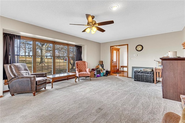 sitting room with ceiling fan, carpet, and a textured ceiling