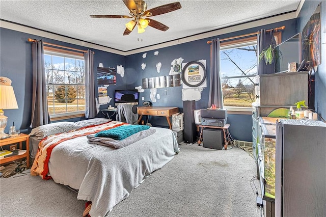 bedroom featuring ceiling fan, carpet, and a textured ceiling