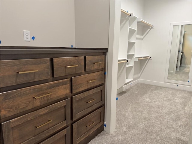 spacious closet featuring light colored carpet